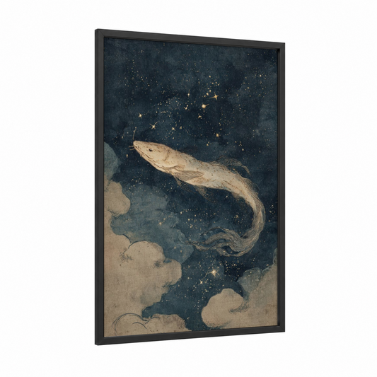 Celestial Eel framed eels print — black wood frame — dark blue and gold palette