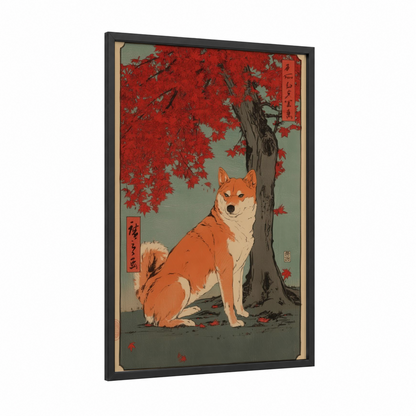 Autumn Spitz framed art print — black wood frame — red and sage green palette