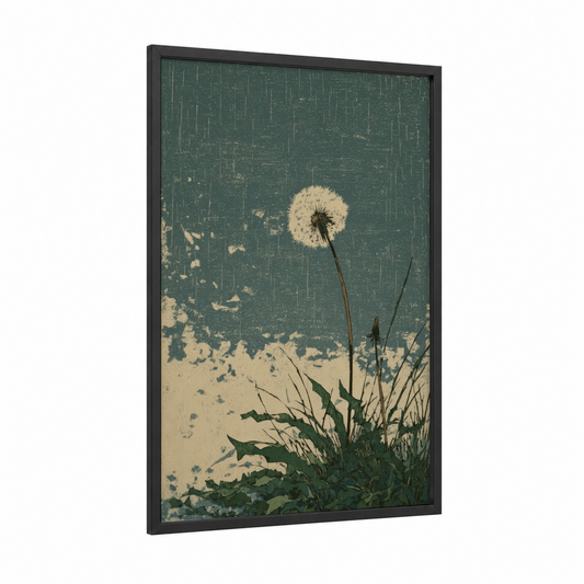 Vintage Dandelion framed art print — black wood frame — sage green and cream palette