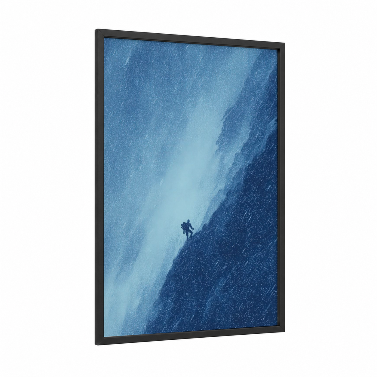 Snowy Ascent framed ice climbing print — black wood frame — blue and white palette