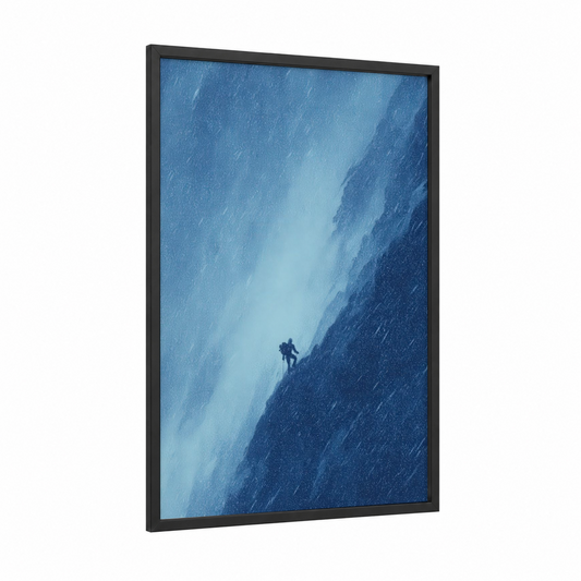 Snowy Ascent framed ice climbing print — black wood frame — blue and white palette