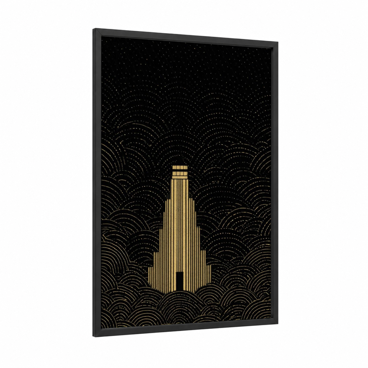 Golden Lighthouse framed art print — black wood frame — black and gold and gold palette