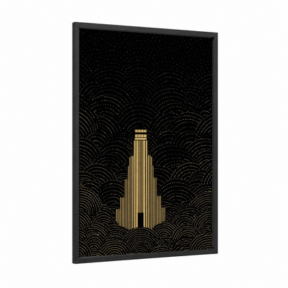 Golden Lighthouse framed art print — black wood frame — black and gold and gold palette