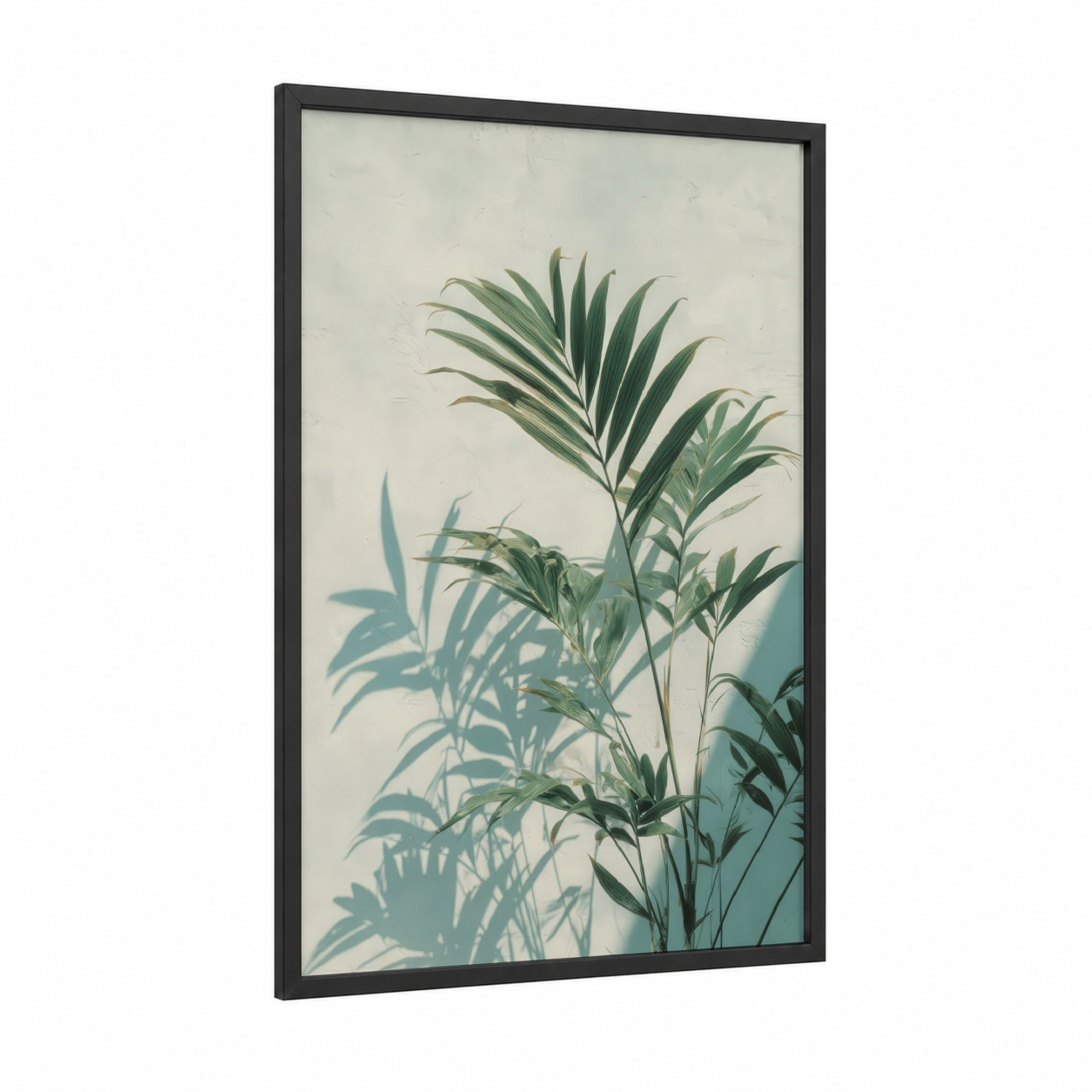 Tropical Palm Fronds framed tropical trees print — black wood frame — sage green and cream palette