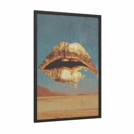 Desert Lips framed art print — black wood frame — gold and blue palette
