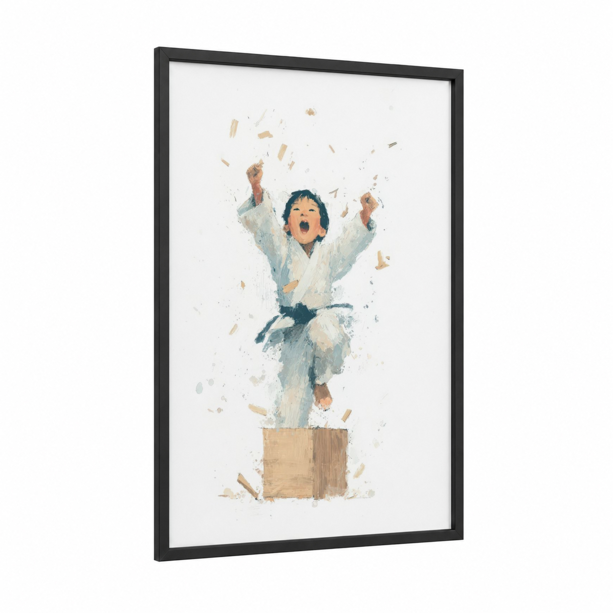 Victory Moment Karate framed taekwondo print — black wood frame — cream and blue and white palette