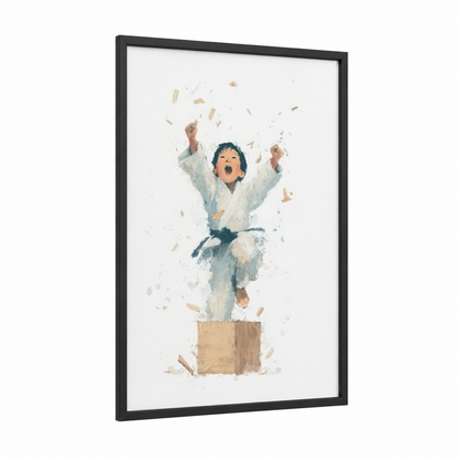 Victory Moment Karate framed taekwondo print — black wood frame — cream and blue and white palette