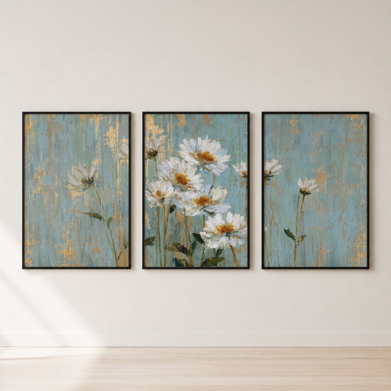 White Daisy Flowers Triptych Wall Art Set — set hero