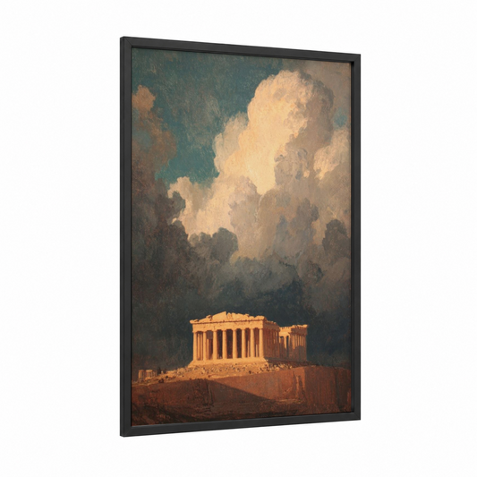 Golden Parthenon framed art print — black wood frame — gold and teal palette