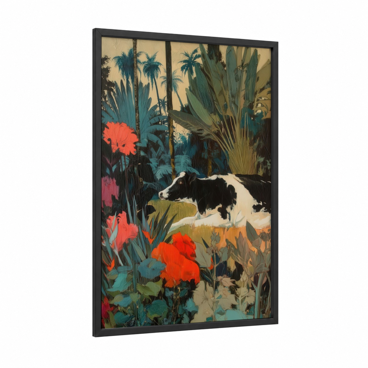 Tropical Jersey Cow framed art print — black wood frame — teal and red palette