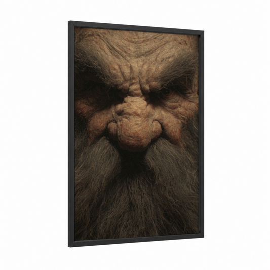 Stern Dwarf framed dwarves print — black wood frame — brown and gray palette
