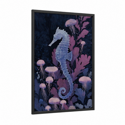 Ethereal Seahorse framed sea horse print — black wood frame — blue and magenta palette