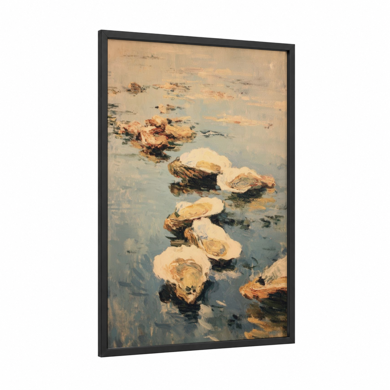 Sunlit Oysters framed art print — black wood frame — blue and gold and cream palette