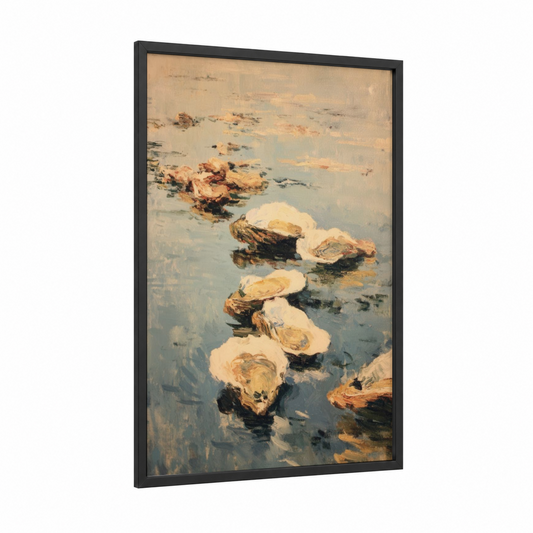 Sunlit Oysters framed art print — black wood frame — blue and gold and cream palette