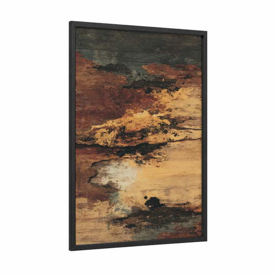 Weathered Kauri framed kauri tree print — black wood frame — russet and gold palette