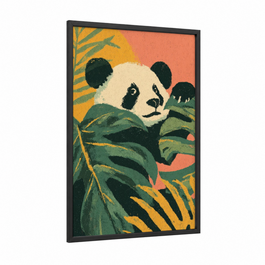 Bamboo Panda framed art print — black wood frame — pumpkin and sage green palette