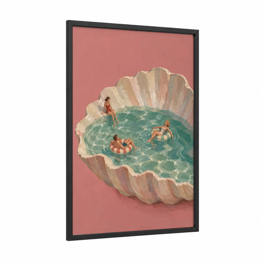 Surreal Seashell Pool Wall Art framed art print — black wood frame — pink and teal palette