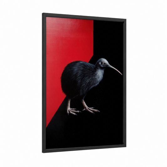 Crimson Kiwi framed art print — black wood frame — red and black palette