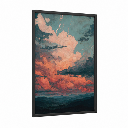 Tempest Sky framed storm print — black wood frame — peach and dark blue palette