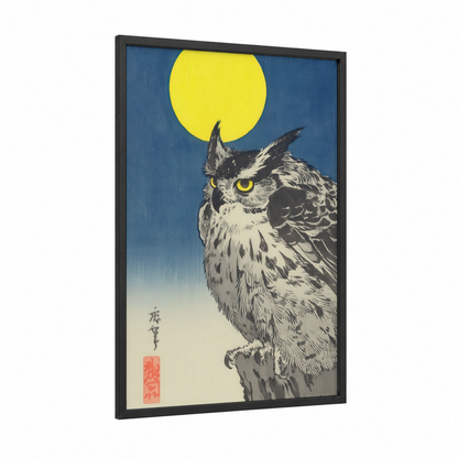 Moonlit Owl framed art print — black wood frame — blue and yellow gold palette