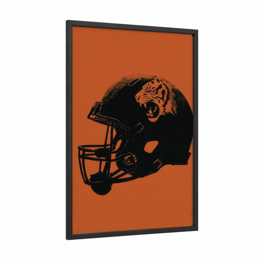 Roaring Tiger Helmet framed football print — black wood frame — orange and black palette