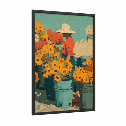 Sunflower Gardener framed summer print — black wood frame — gold and teal palette