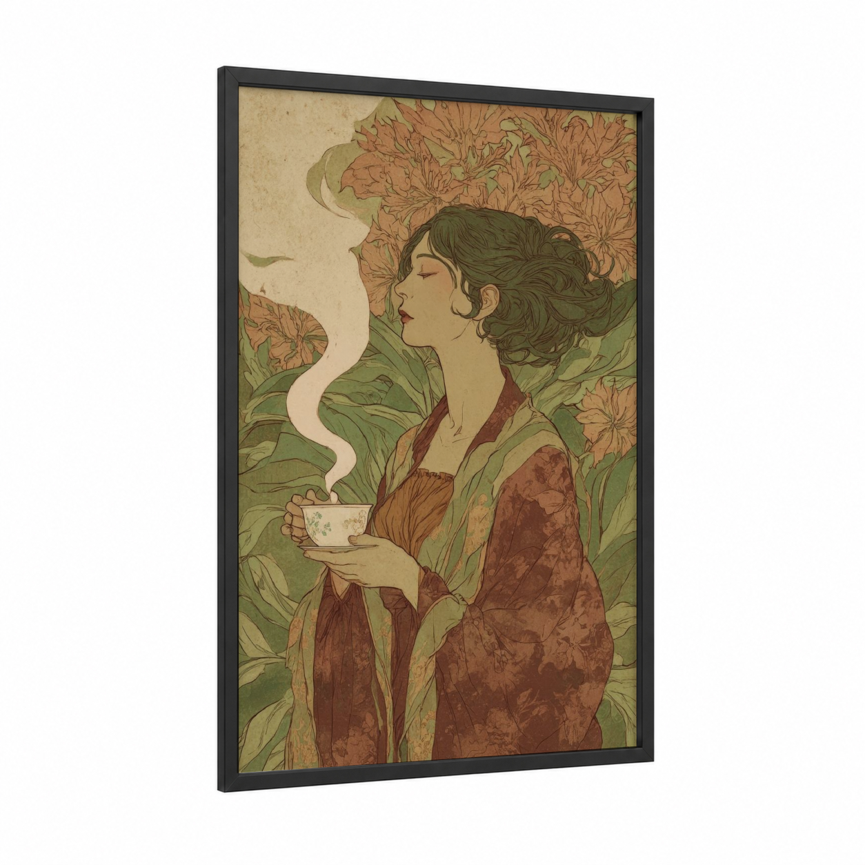 Tranquil Coffee Moment framed art print — black wood frame — brown and sage green palette