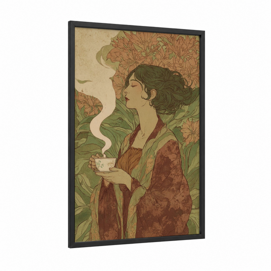 Tranquil Coffee Moment framed art print — black wood frame — brown and sage green palette