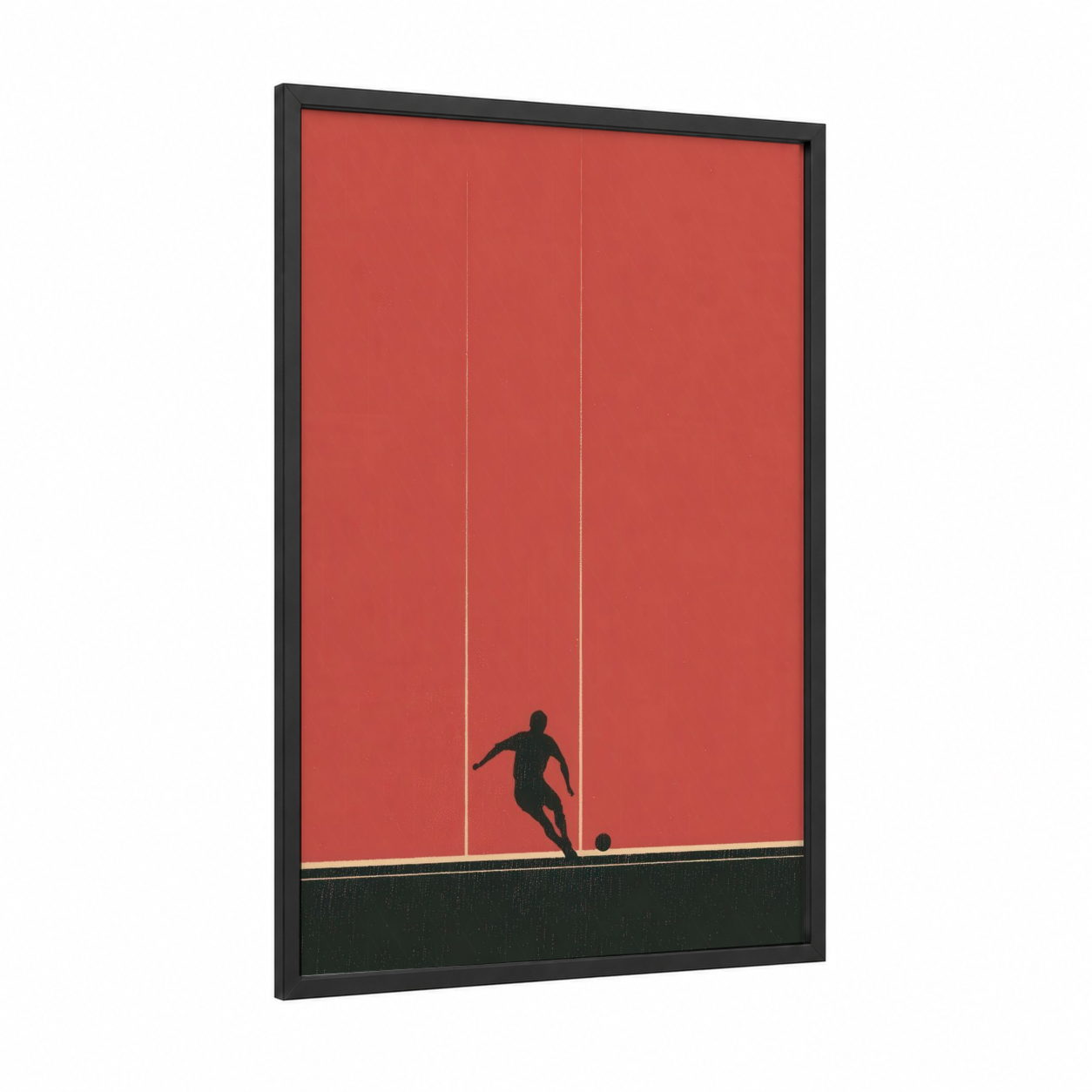 Dynamic Soccer Player framed art print — black wood frame — red and black palette
