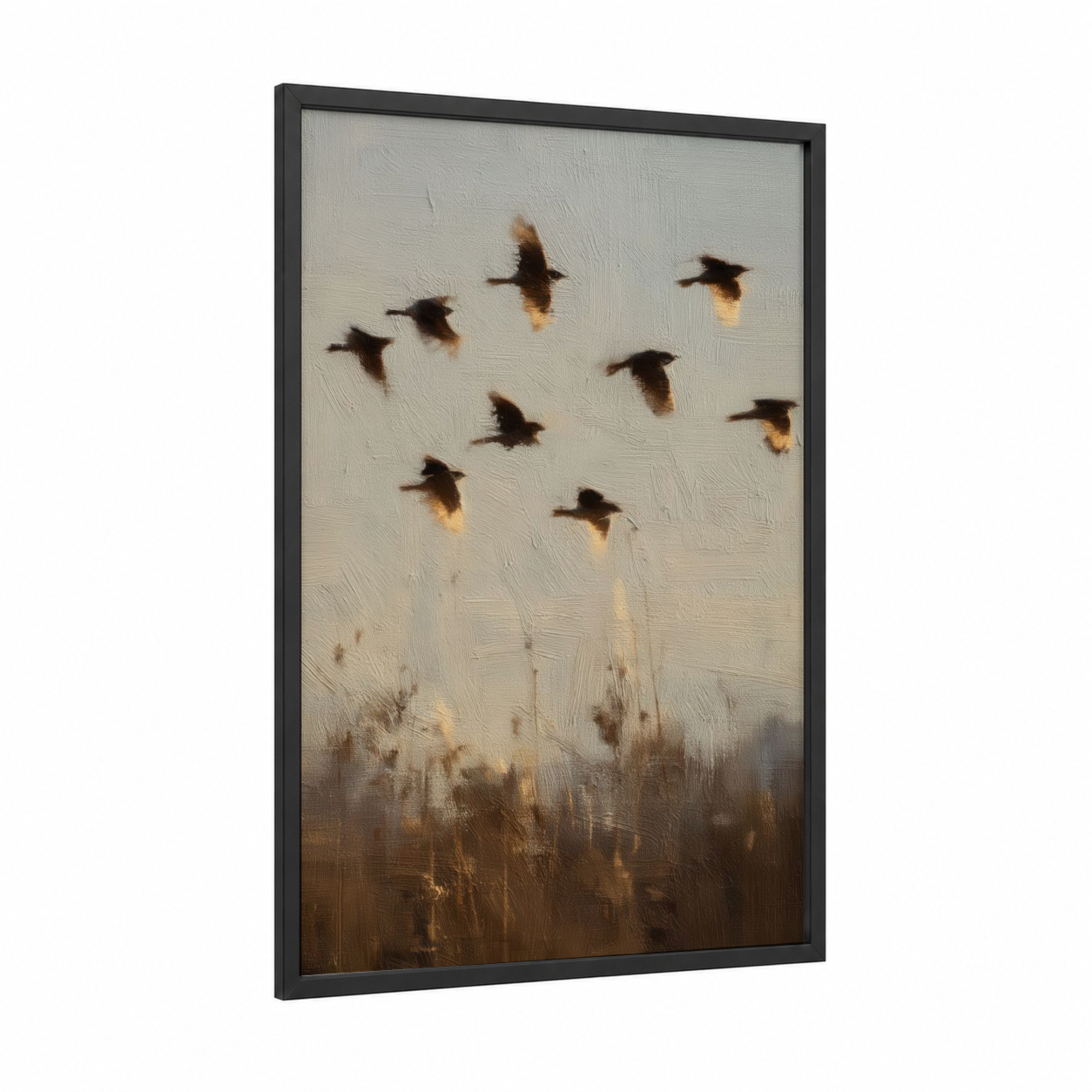 Golden Flight Finches framed art print — black wood frame — gold and beige palette