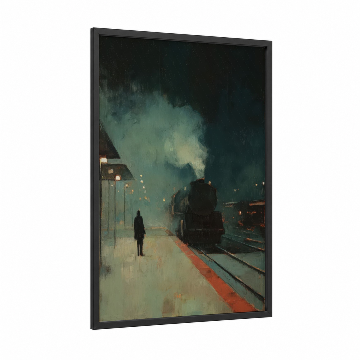 Nocturnal Station framed train print — black wood frame — teal and gold palette