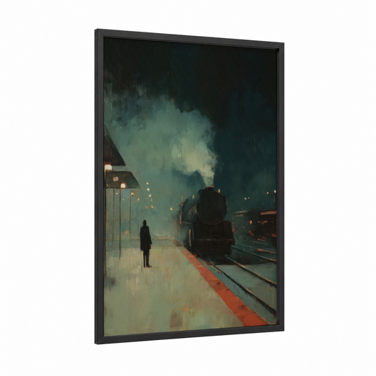 Nocturnal Station framed train print — black wood frame — teal and gold palette