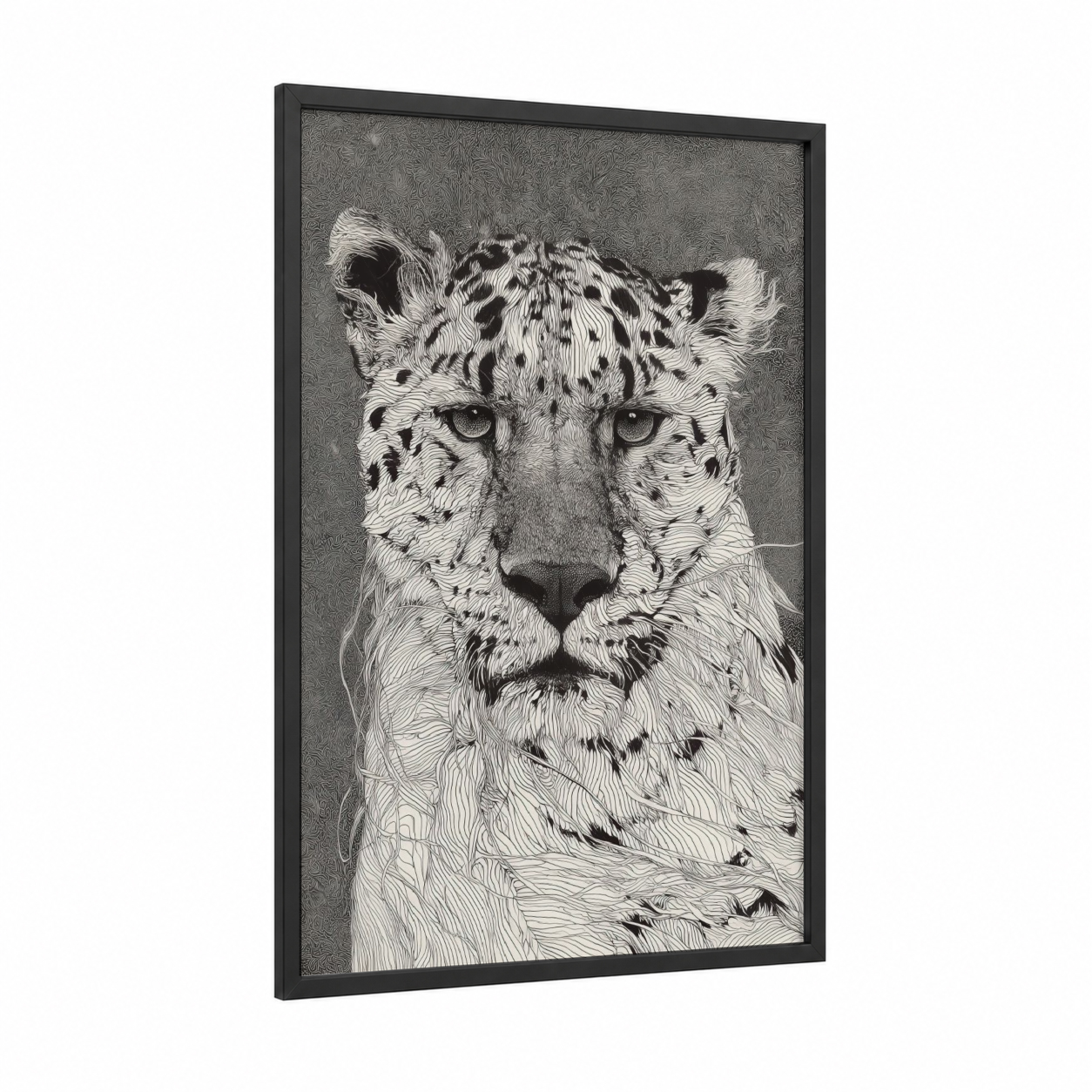 Intricate Leopard framed art print — black wood frame — black and white and gray palette