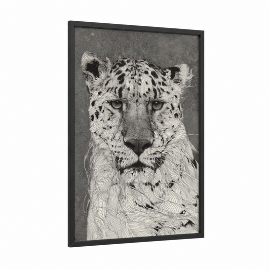Intricate Leopard framed art print — black wood frame — black and white and gray palette