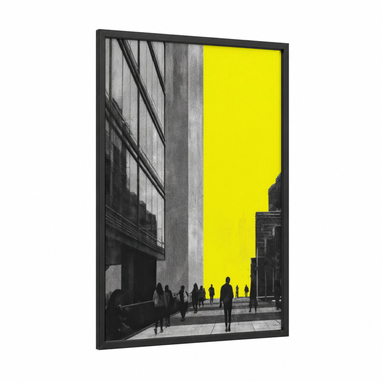 Neon Urban Silhouettes framed abstract architecture print — black wood frame — black and yellow and yellow palette