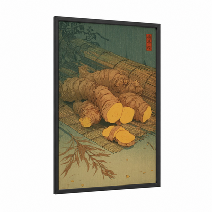 Golden Ginger Root framed herbs and spices print — black wood frame — gold and sage green palette