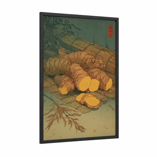 Golden Ginger Root framed herbs and spices print — black wood frame — gold and sage green palette