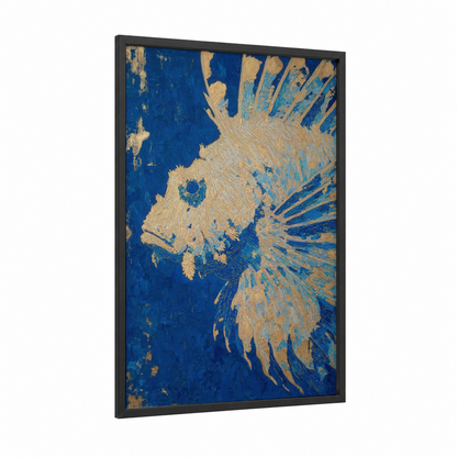 Golden Lionfish framed art print — black wood frame — gold and blue palette
