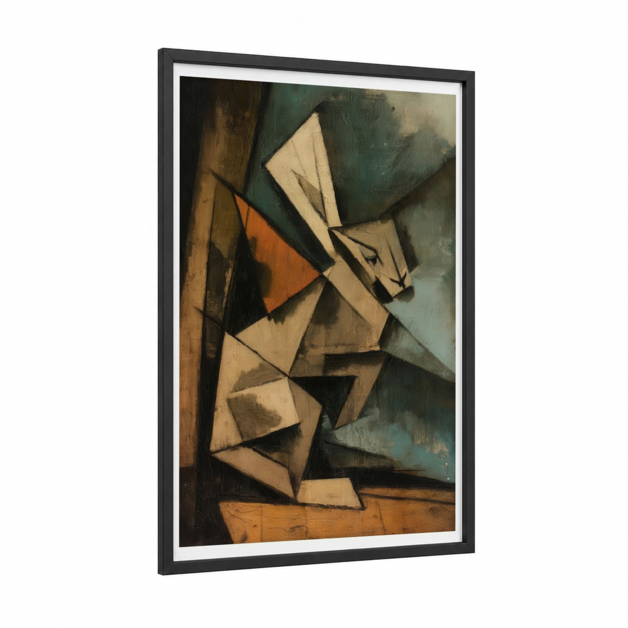 Cubist Rabbit framed art print — black wood frame — cream and orange palette