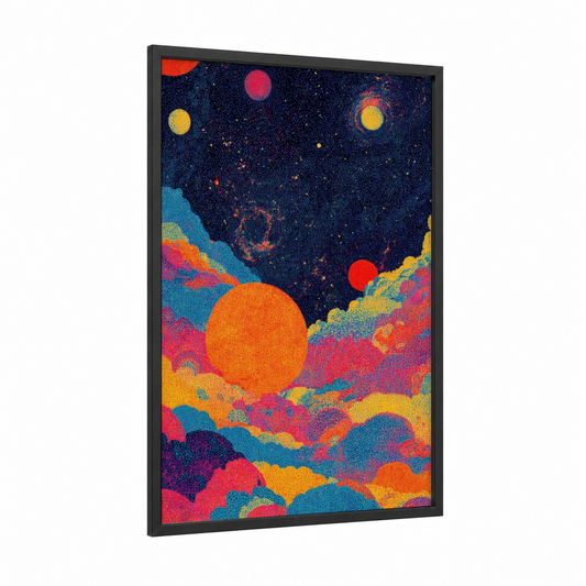 Cosmic Dreamscape framed space print — black wood frame — magenta and orange palette