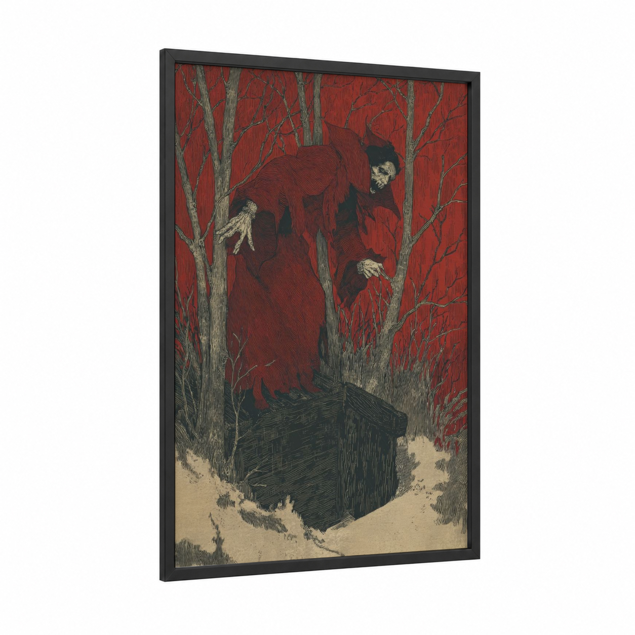 Crimson Vampire Descent framed art print — black wood frame — red and black and white palette