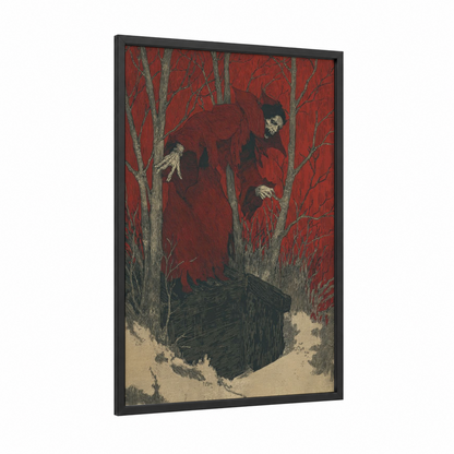 Crimson Vampire Descent framed art print — black wood frame — red and black and white palette