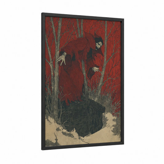 Crimson Vampire Descent framed art print — black wood frame — red and black and white palette