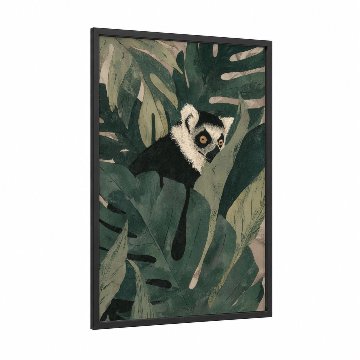 Curious Lemur framed art print — black wood frame — dark green and sage green palette