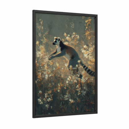 Leaping Lemur framed art print — black wood frame — gold and sage green palette