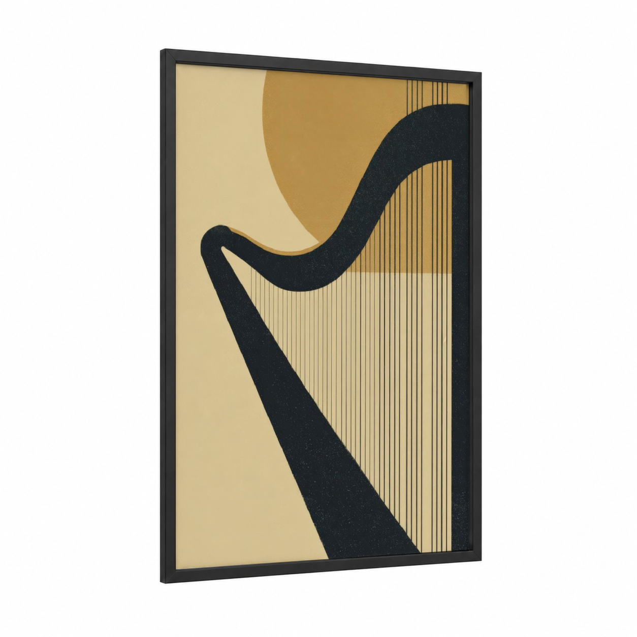 Minimalist Harp framed art print — black wood frame — gold and black palette