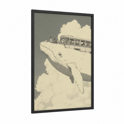 Whimsical Whale Bus framed humpback whale print — black wood frame — cream and dove gray palette