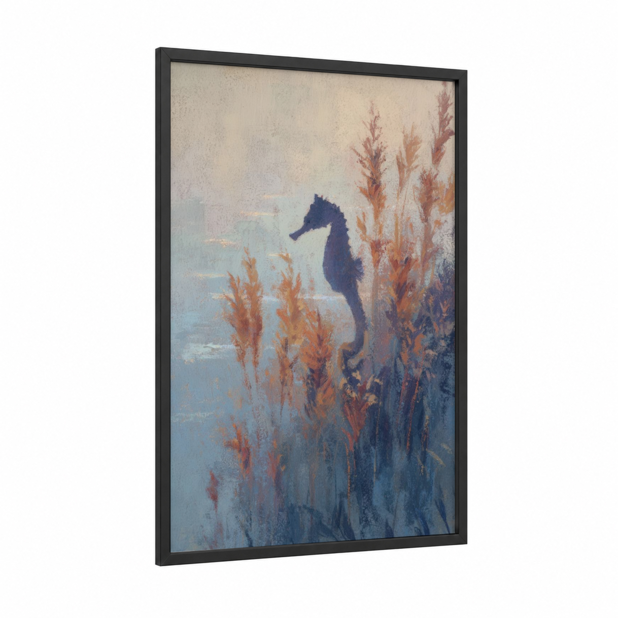 Seagrass Seahorse framed sea horse print — black wood frame — beige and blue palette