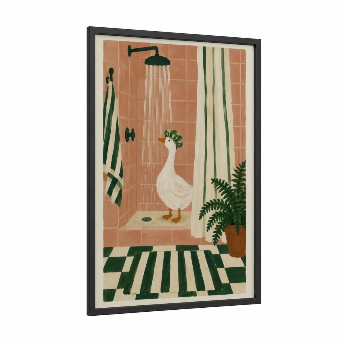 Goose In Shower Bathroom Wall Art framed geese print — black wood frame — peach and true green palette