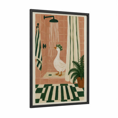 Goose In Shower Bathroom Wall Art framed geese print — black wood frame — peach and true green palette